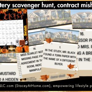 #1 mystery scavenger hunt+❤️FREE CONTENT CALENDAR❤️20 sheets of clues+answers (fun for open house, get guests mingling at parties), visit SphericalLLC.com for campaigns, brochures, video scripts & more!